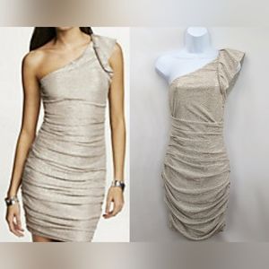 NWOT Size 6 / S Express Gold Metallic One-Shoulder Ruched Bodycon Cocktail Dress